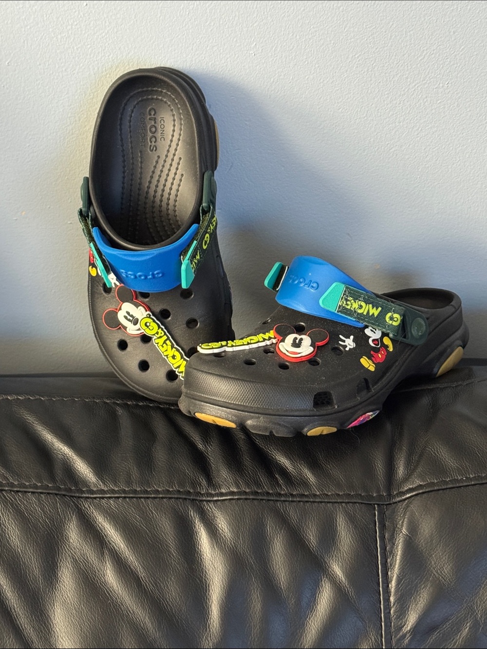 CROCS Adult Sized Black Clogs with Blue Strap and Mickey Mouse